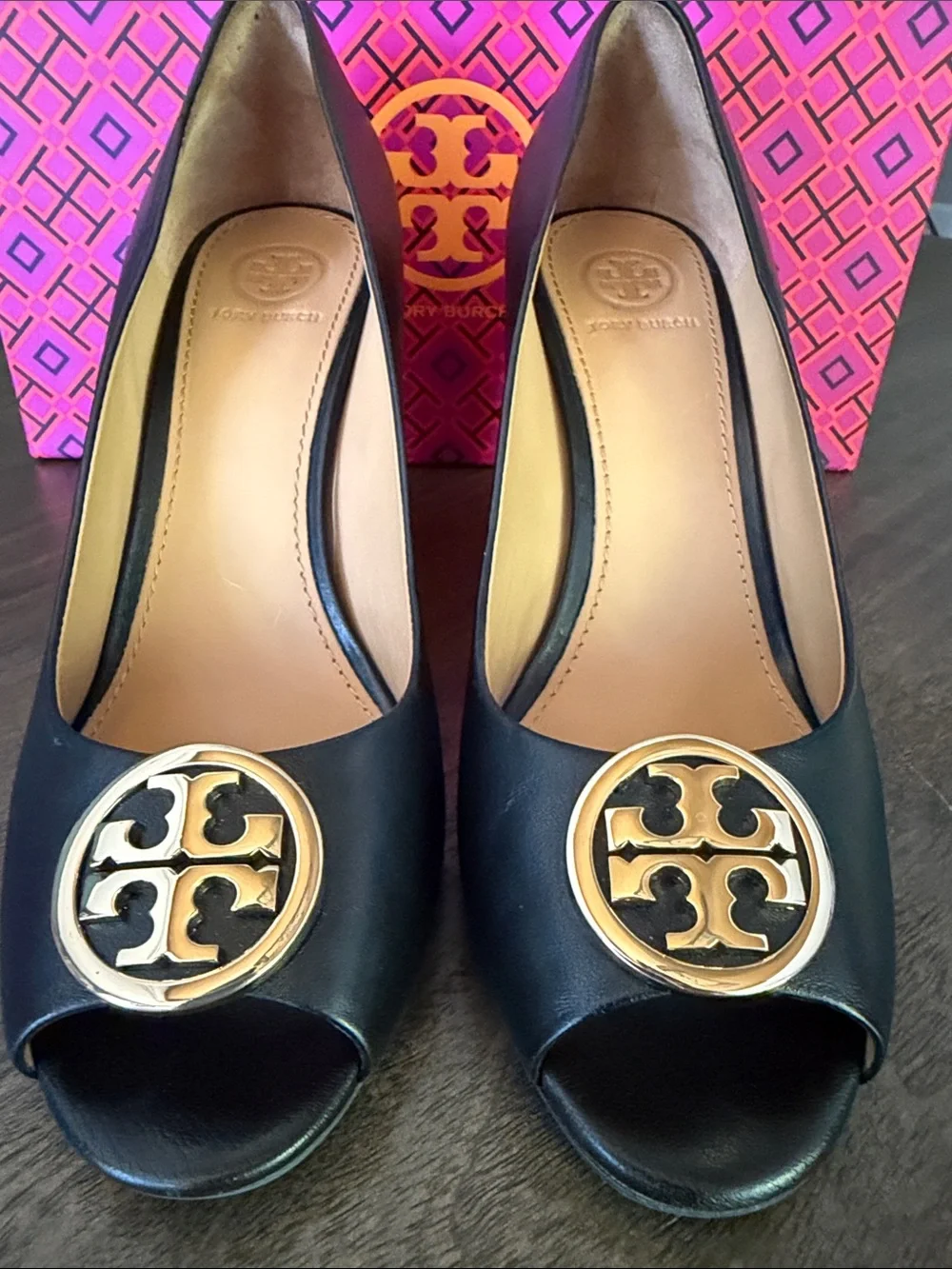 Tory Burch Black Leather Peep-Toe 85MM Wedge Heels with Gold Logo Medallion